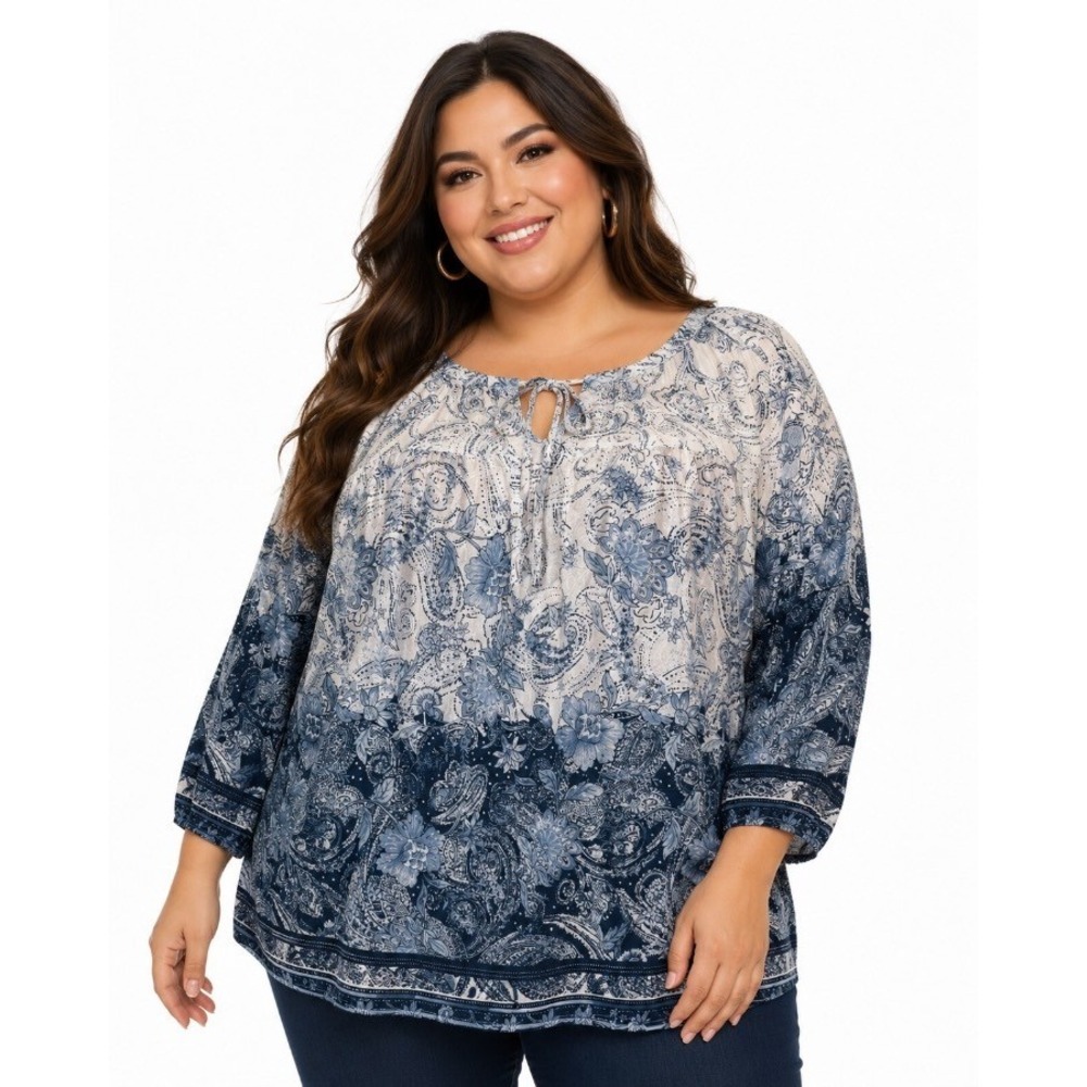Fig and Flower Plus Size 3X Paisley Floral Boho Peasant Blouse‎ Blue White